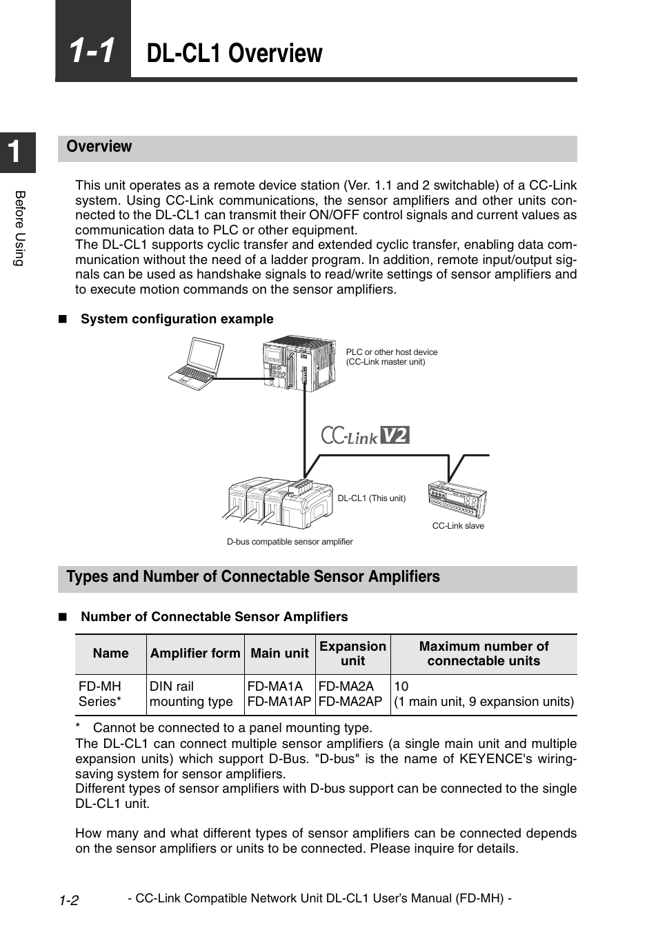 1 dl-cl1 overview, Overview, Types and number of connectable sensor amplifiers | Dl-cl1 overview -2, Dl-cl1 overview | KEYENCE DL-CL1 User Manual | Page 12 / 72