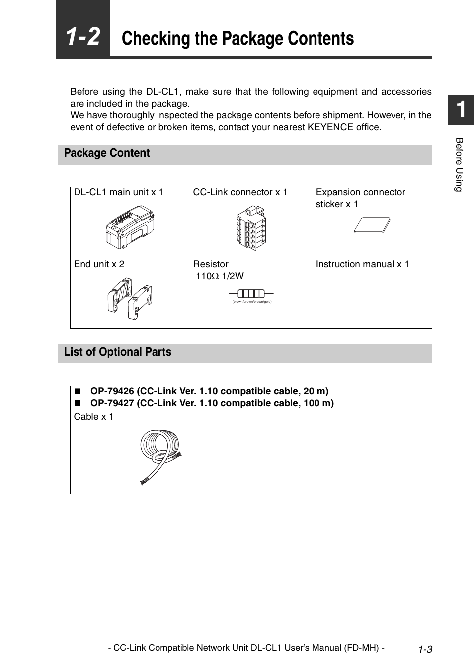 2 checking the package contents, Package content, List of optional parts | Checking the package contents -3, Package content -3 list of optional parts -3, Checking the package contents | KEYENCE DL-CL1 User Manual | Page 13 / 72