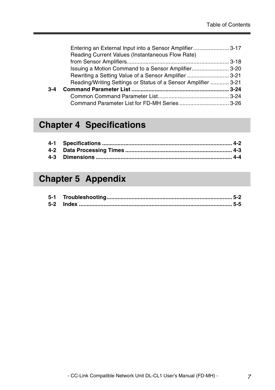 Chapter 4 specifications, Chapter 5 appendix | KEYENCE DL-CL1 User Manual | Page 9 / 72