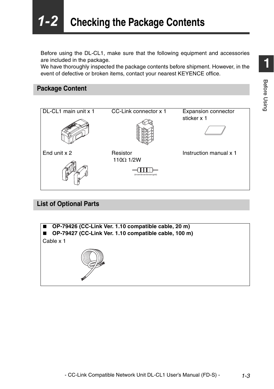 2 checking the package contents, Package content, List of optional parts | Checking the package contents -3, Package content -3 list of optional parts -3, Checking the package contents | KEYENCE DL-CL1 User Manual | Page 13 / 74