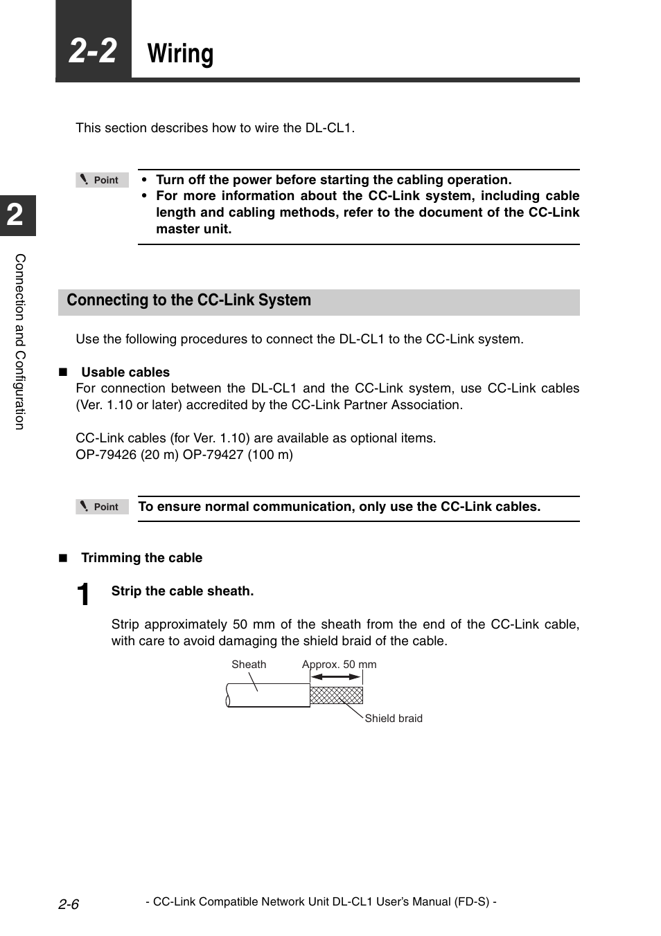 2 wiring, Connecting to the cc-link system, Wiring -6 | Connecting to the cc-link system -6, Wiring | KEYENCE DL-CL1 User Manual | Page 22 / 74