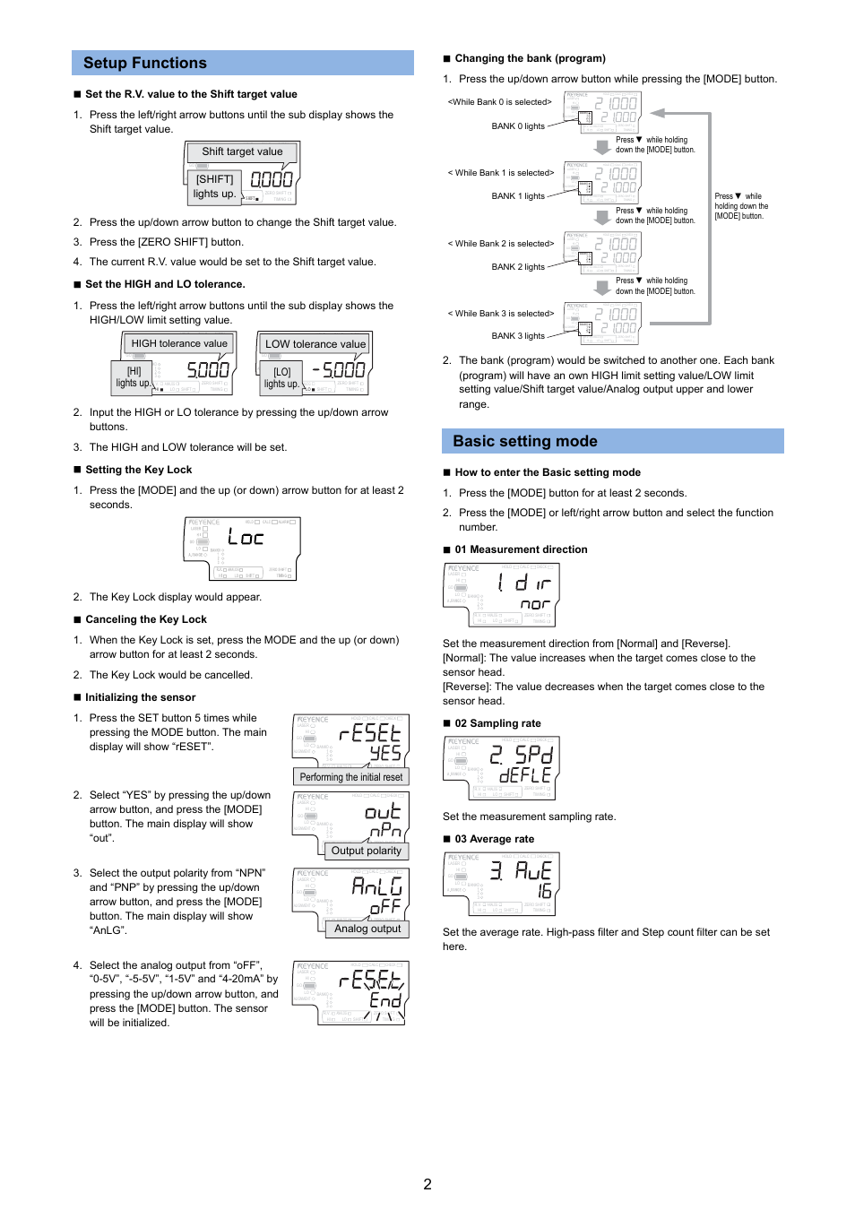 Setup functions, Basic setting mode, Shift target value [shift] lights up | Hi] lights up. low tolerance value [lo] lights up, High tolerance value | KEYENCE IL Series User Manual | Page 2 / 3