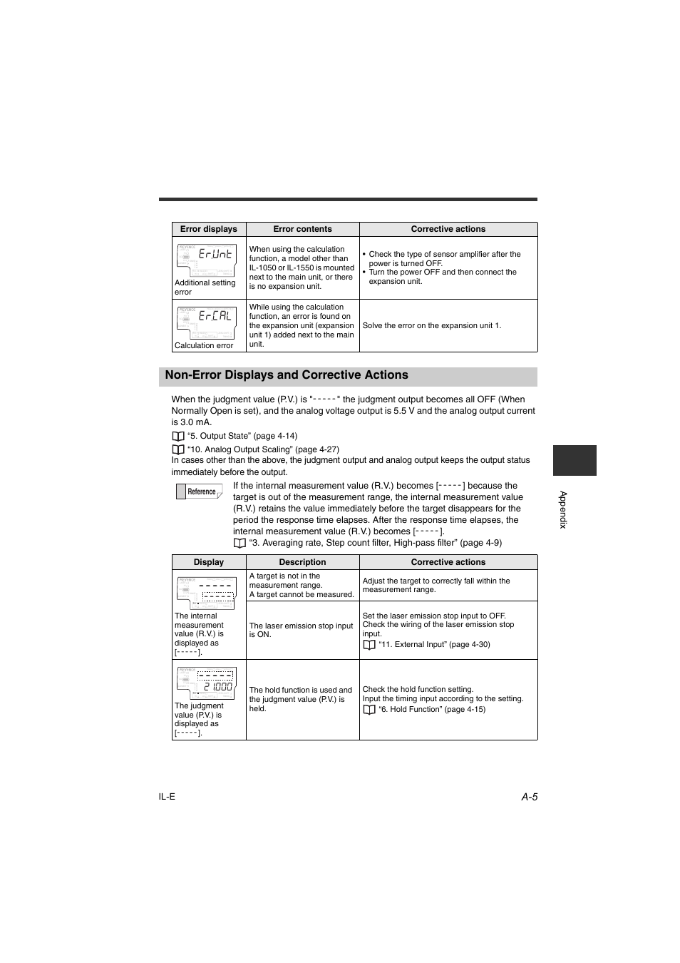 Non-error displays and corrective actions, T7pv, Error displays error contents corrective actions | Reference | KEYENCE IL Series User Manual | Page 131 / 140