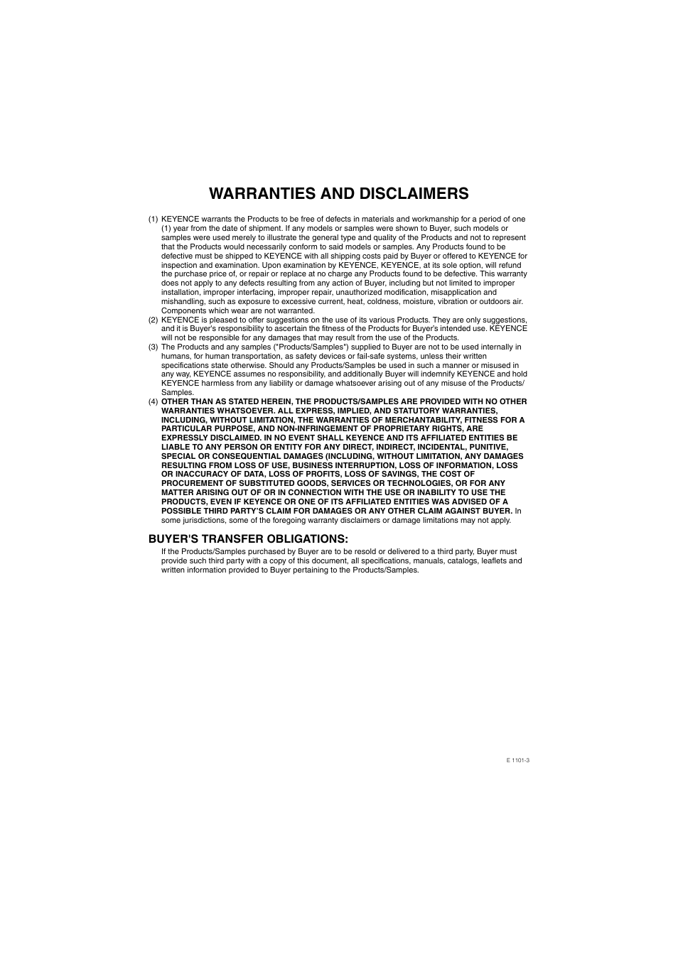 Warranties and disclaimers, Buyer's transfer obligations | KEYENCE IL Series User Manual | Page 139 / 140