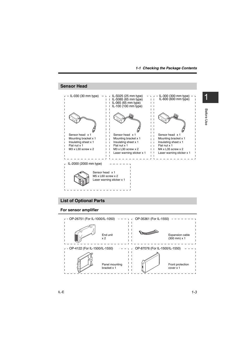 Sensor head, List of optional parts, Sensor head -3 list of optional parts -3 | KEYENCE IL Series User Manual | Page 15 / 140