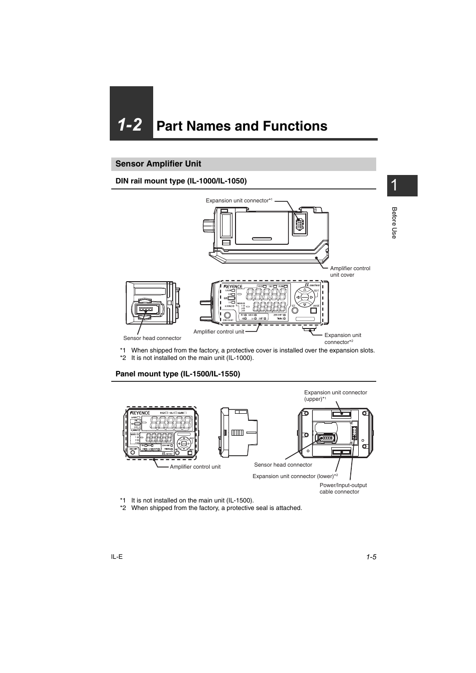 2 part names and functions, Sensor amplifier unit, 2 part names and functions -5 | Sensor amplifier unit -5, Part names and functions -5, Part names and functions | KEYENCE IL Series User Manual | Page 17 / 140