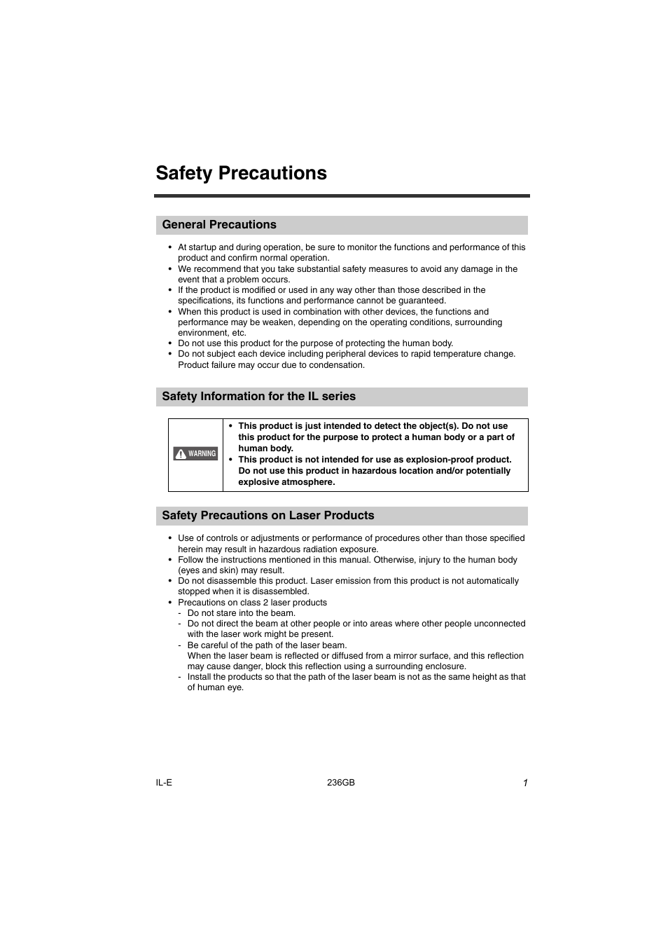 Safety precautions, General precautions, Safety information for the il series | Safety precautions on laser products | KEYENCE IL Series User Manual | Page 3 / 140