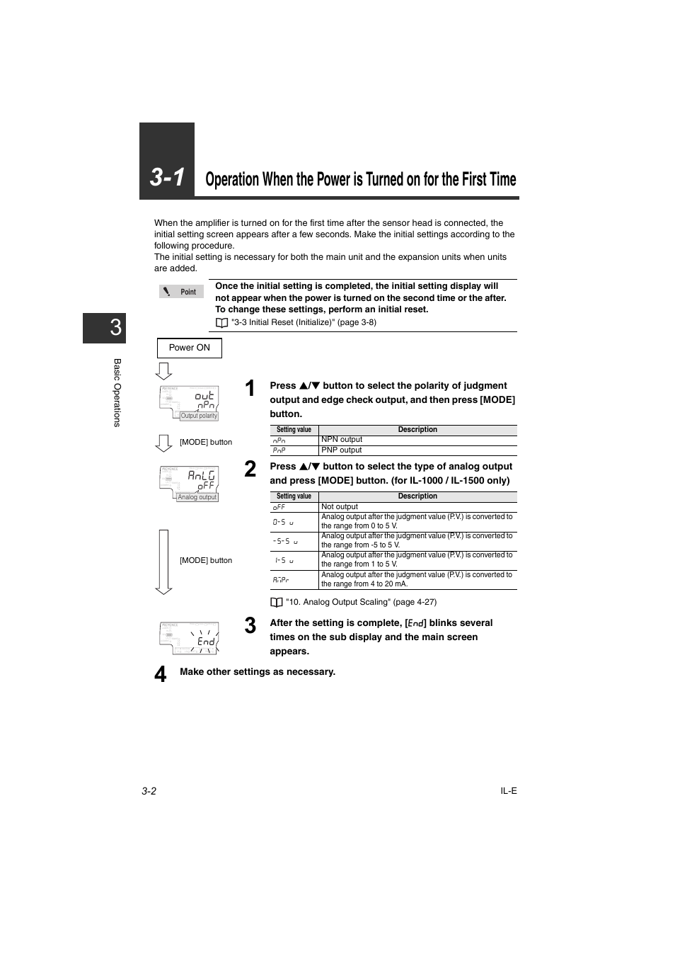 Make other settings as necessary, Il-e, Basic oper ations | Analog output scaling" (page 4-27), Power on | KEYENCE IL Series User Manual | Page 34 / 140