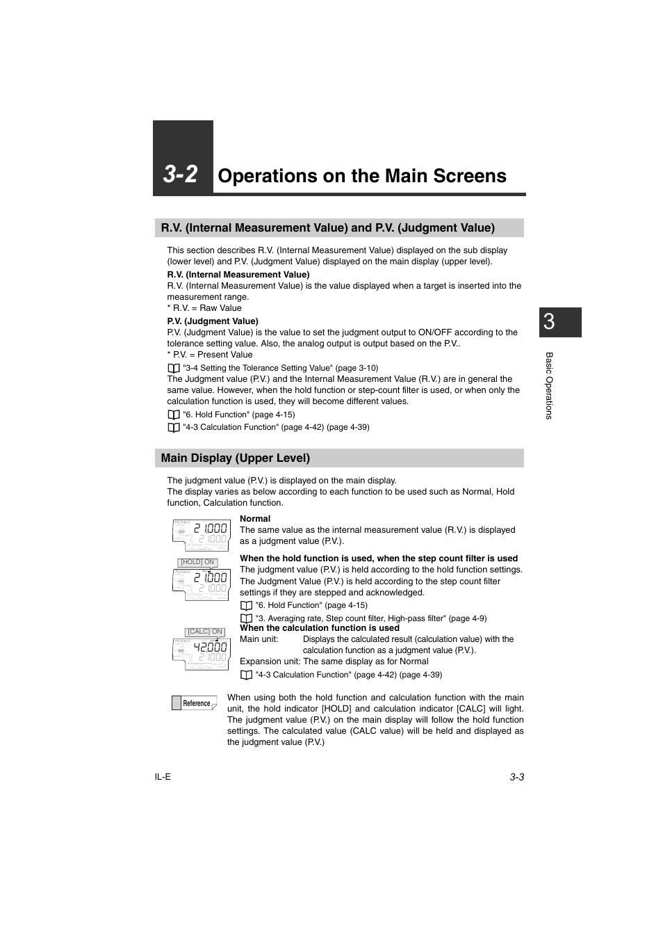 2 operations on the main screens, Main display (upper level), 2 operations on the main screens -3 | Operations on the main screens -3, Operations on the main screens, Basic oper ations il-e, Reference | KEYENCE IL Series User Manual | Page 35 / 140