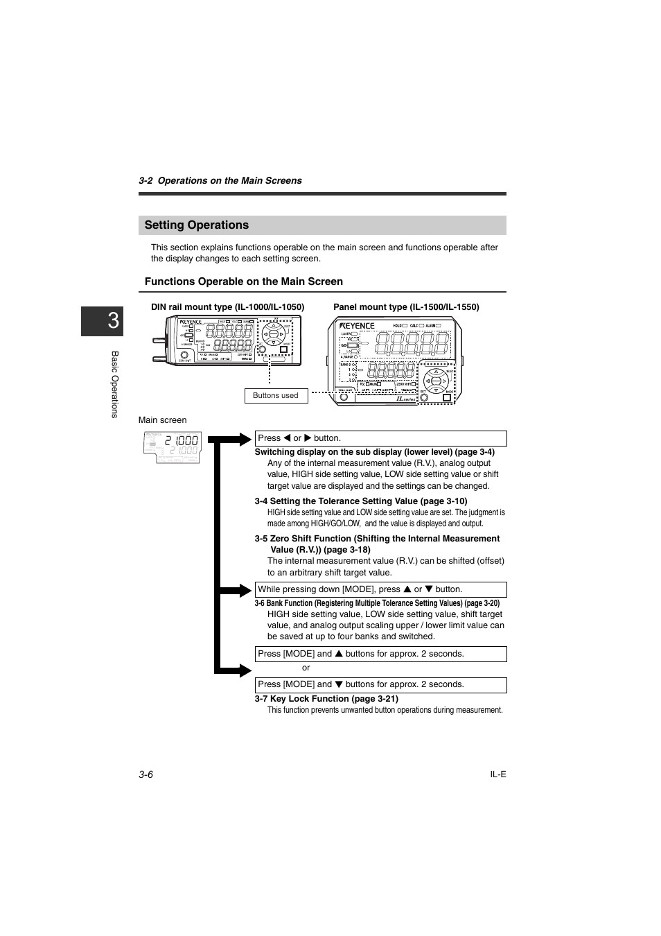 Setting operations, Setting operations -6, Functions operable on the main screen | 2 operations on the main screens | KEYENCE IL Series User Manual | Page 38 / 140