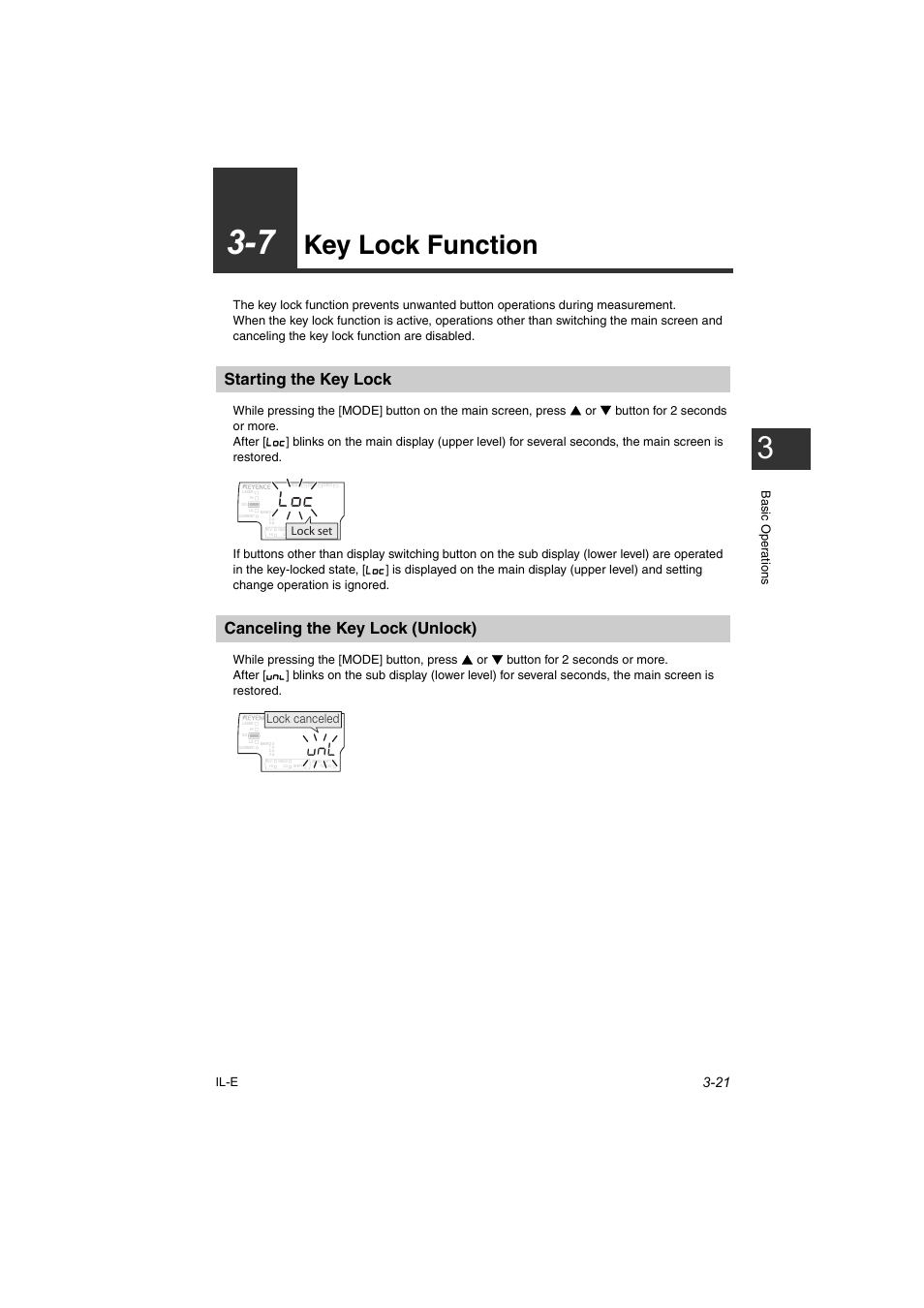 7 key lock function, Starting the key lock, Canceling the key lock (unlock) | 7 key lock function -21, Key lock function -21, Key lock function, Basic oper ations il-e, Lock set, Lock canceled | KEYENCE IL Series User Manual | Page 53 / 140