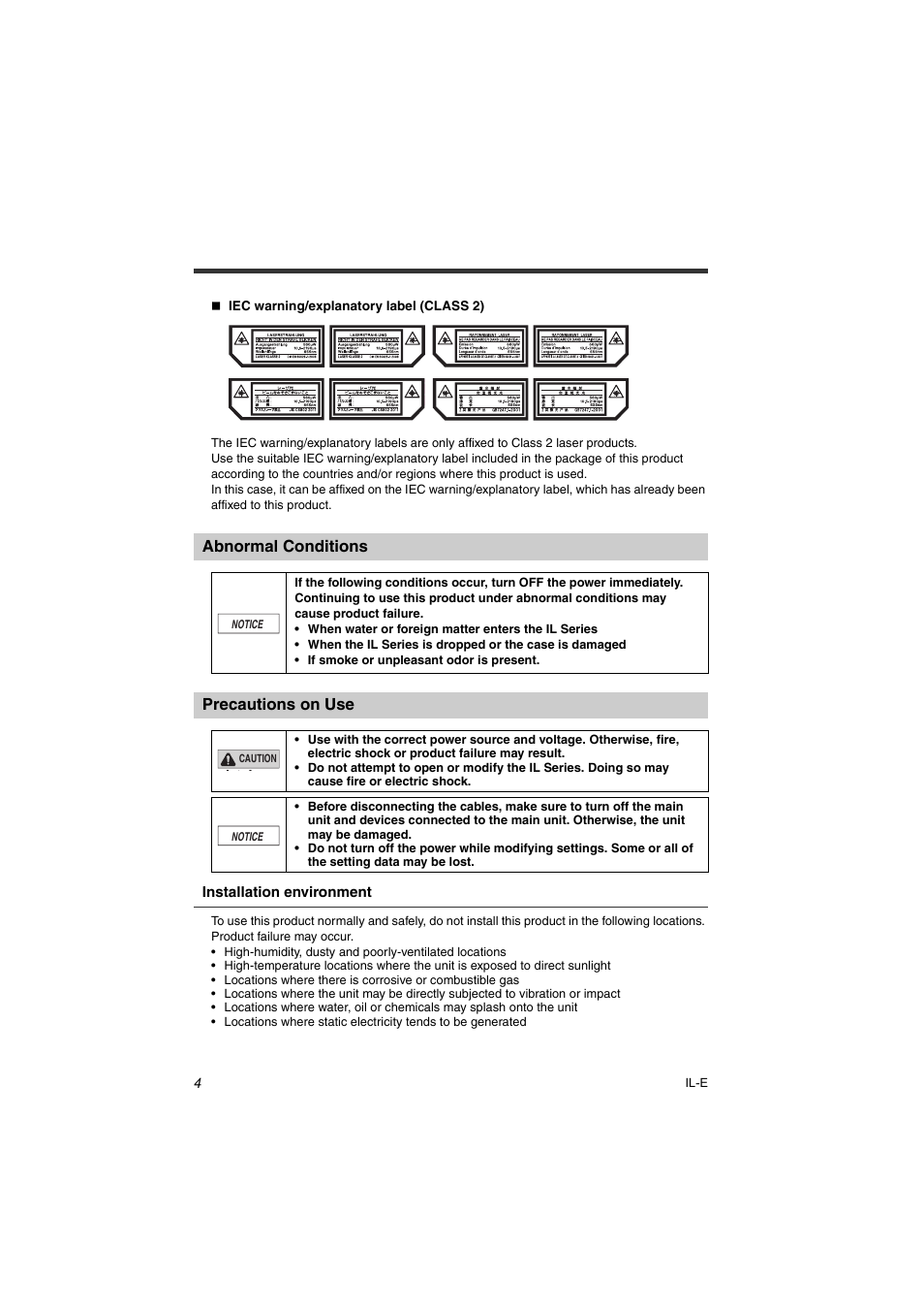 Abnormal conditions, Precautions on use | KEYENCE IL Series User Manual | Page 6 / 140