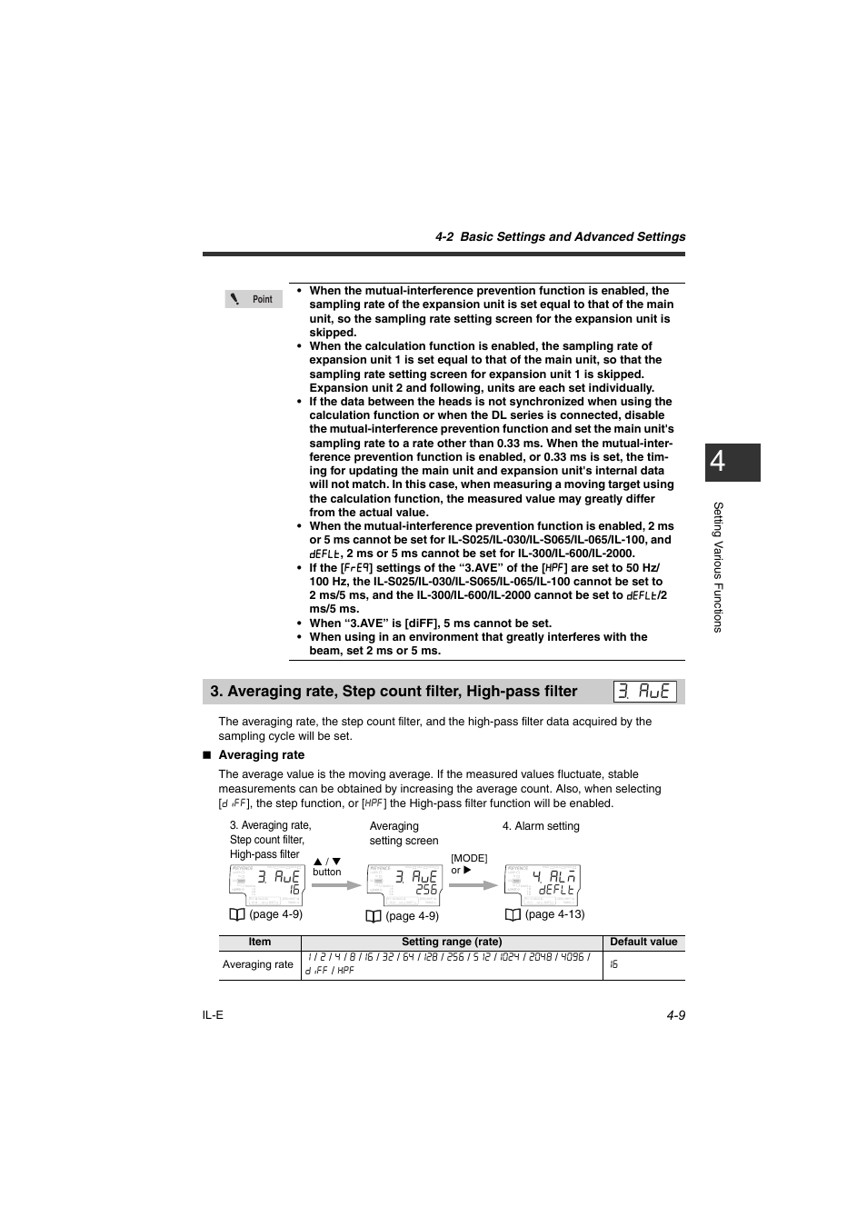 F'(.v, 2 basic settings and advanced settings, Averaging rate | Il-e, Page 4-9) | KEYENCE IL Series User Manual | Page 63 / 140