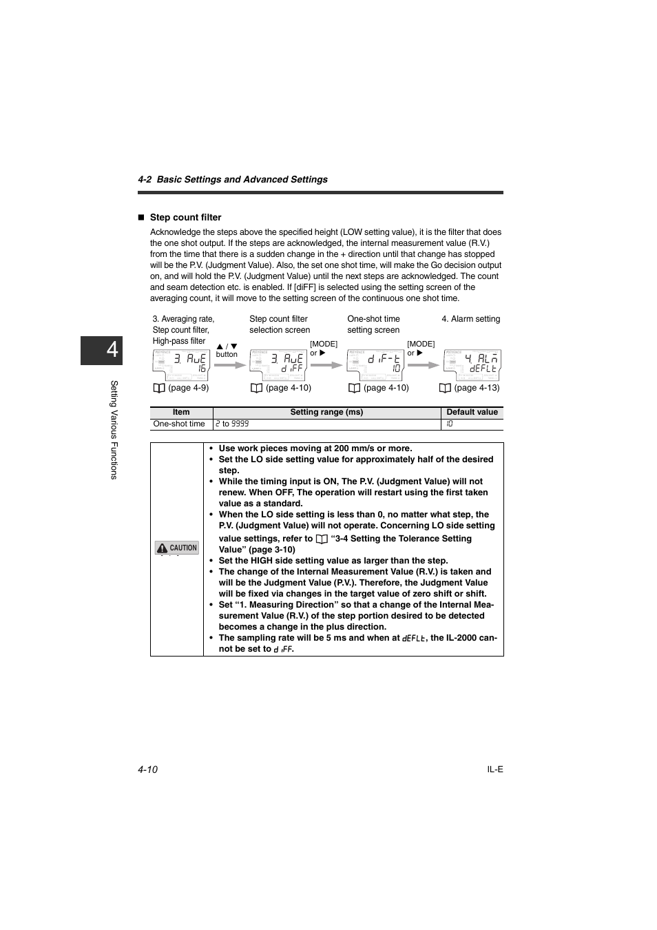 Fk(v, Ca u, F'(.v | 2 basic settings and advanced settings, Step count filter, Setting v ar iou s f unct ions il-e, Alarm setting (page 4-13), Caution, S/ t button [mode] or x, Mode] or x | KEYENCE IL Series User Manual | Page 64 / 140