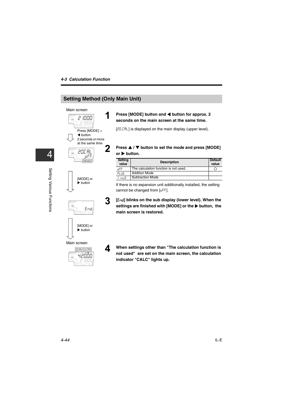 Setting method (only main unit), Setting method (only main unit) -44, 3 calculation function | Setting v ar iou s f unct ions il-e, Main screen, Mode] or x button, Plus addition mode minus subtraction mode | KEYENCE IL Series User Manual | Page 98 / 140