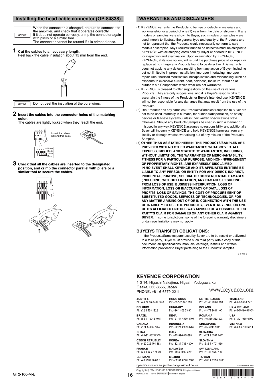 Installing the head cable connector (op-84338), Warranties and disclaimers | KEYENCE GT2-100 Series User Manual | Page 16 / 16