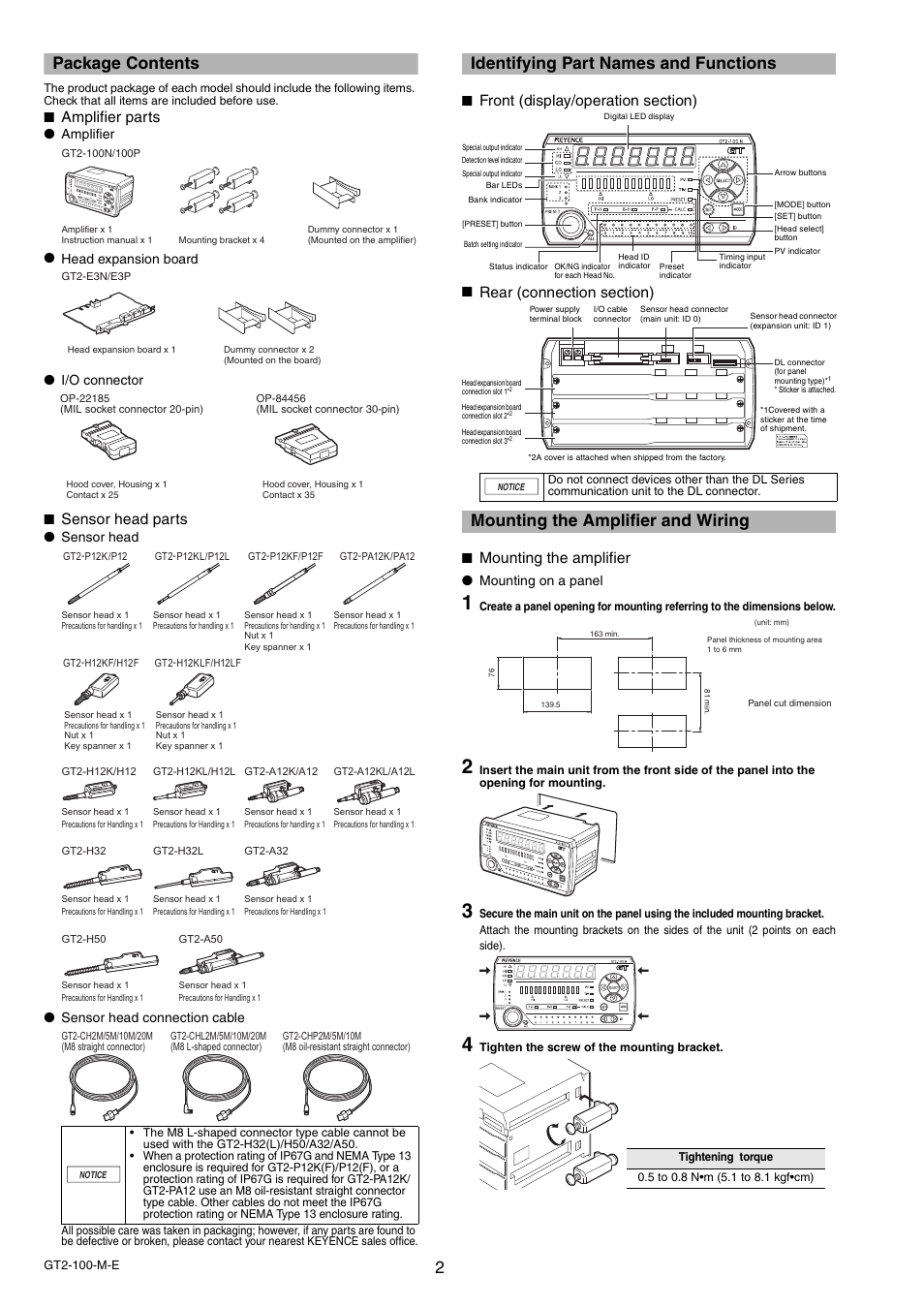 Package contents, Identifying part names and functions, Mounting the amplifier and wiring | Amplifier parts, Sensor head parts, Mounting the amplifier, Amplifier ● head expansion board ● i/o connector, Sensor head ● sensor head connection cable, Mounting on a panel | KEYENCE GT2-100 Series User Manual | Page 2 / 16