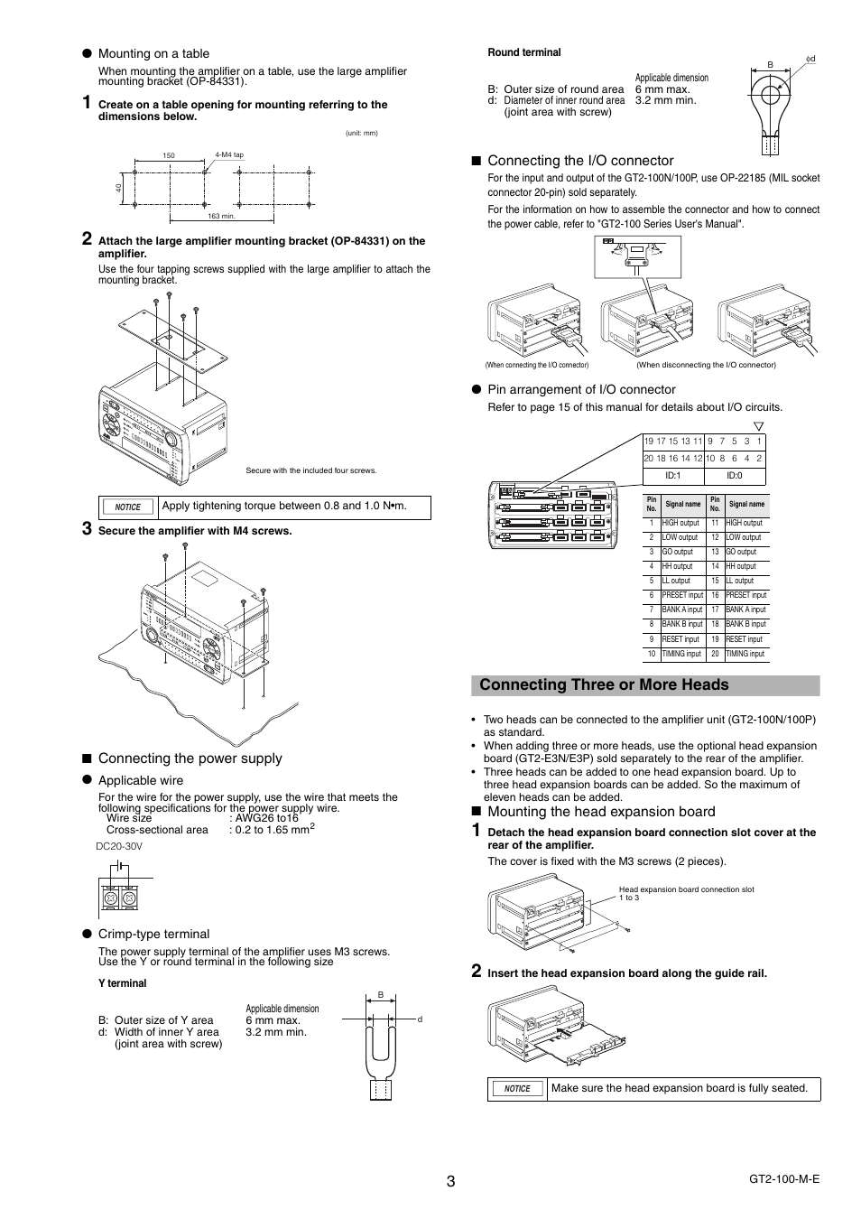 Connecting three or more heads, Connecting the power supply, Connecting the i/o connector | Mounting the head expansion board | KEYENCE GT2-100 Series User Manual | Page 3 / 16
