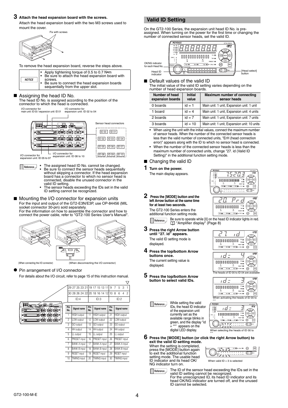 Valid id setting, Assigning the head id no, Mounting the i/o connector for expansion units | Default values of the valid id, Changing the valid id | KEYENCE GT2-100 Series User Manual | Page 4 / 16