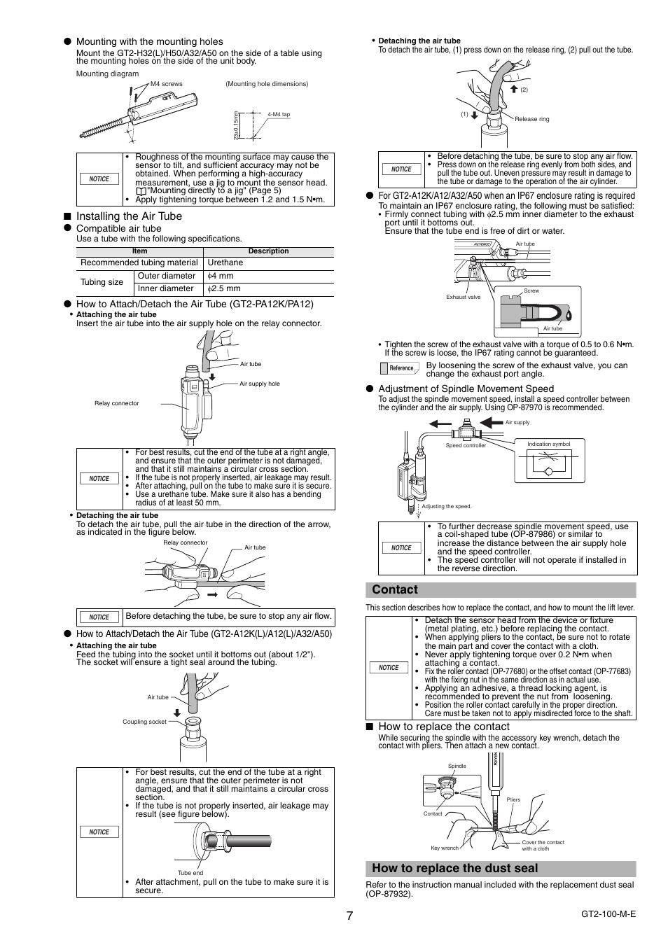 Contact, How to replace the dust seal, Installing the air tube | How to replace the contact | KEYENCE GT2-100 Series User Manual | Page 7 / 16