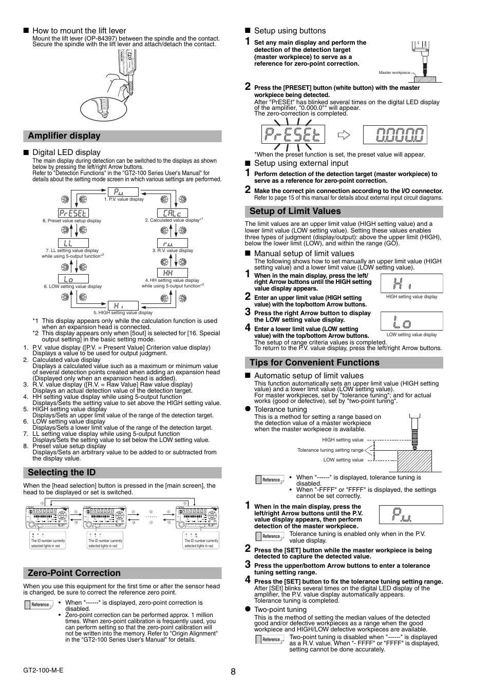 Amplifier display, Selecting the id, Zero-point correction | Setup of limit values, Tips for convenient functions | KEYENCE GT2-100 Series User Manual | Page 8 / 16