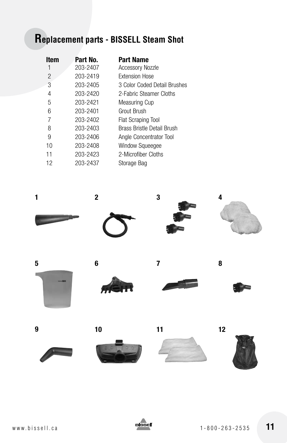 Eplacement parts - bissell steam shot | Bissell STEAM SHOT 39N7 User Manual | Page 11 / 12