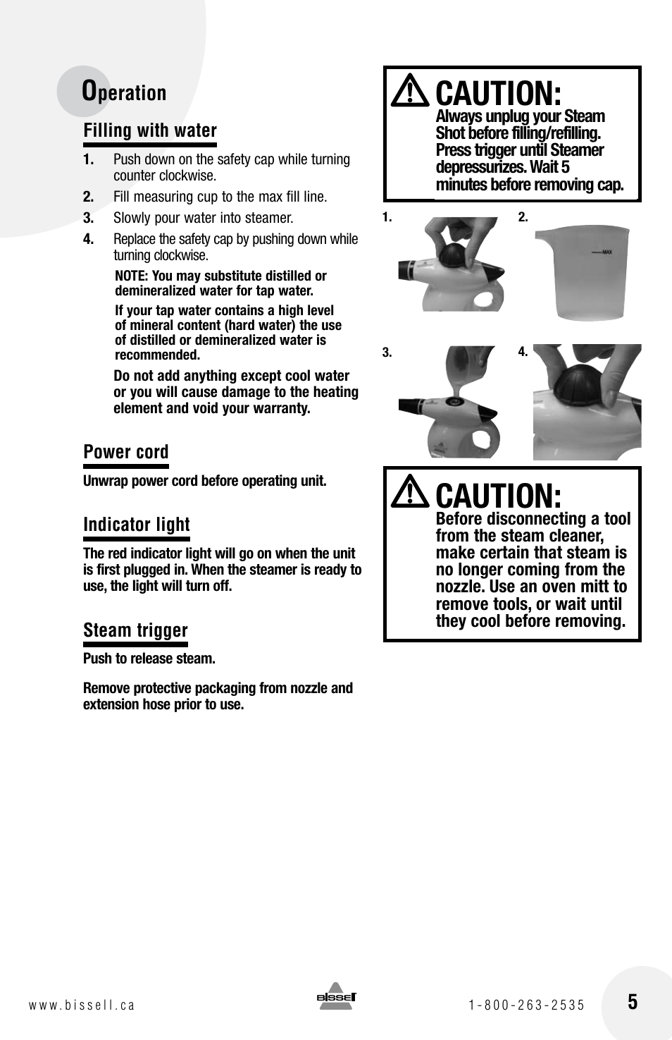 Caution, Peration | Bissell STEAM SHOT 39N7 User Manual | Page 5 / 12