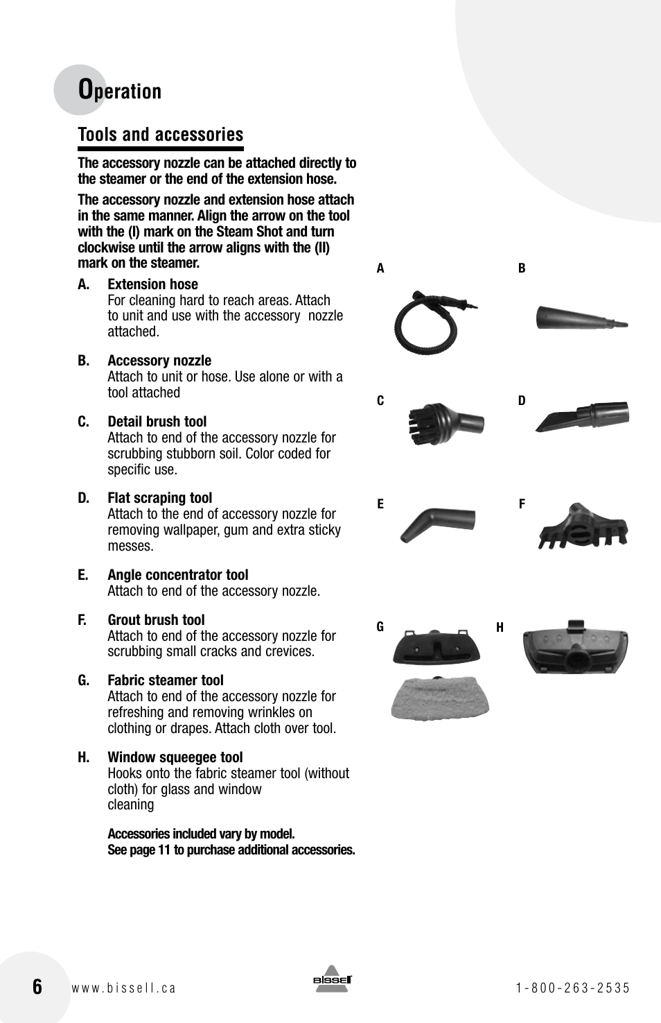 Peration, Tools and accessories | Bissell STEAM SHOT 39N7 User Manual | Page 6 / 12