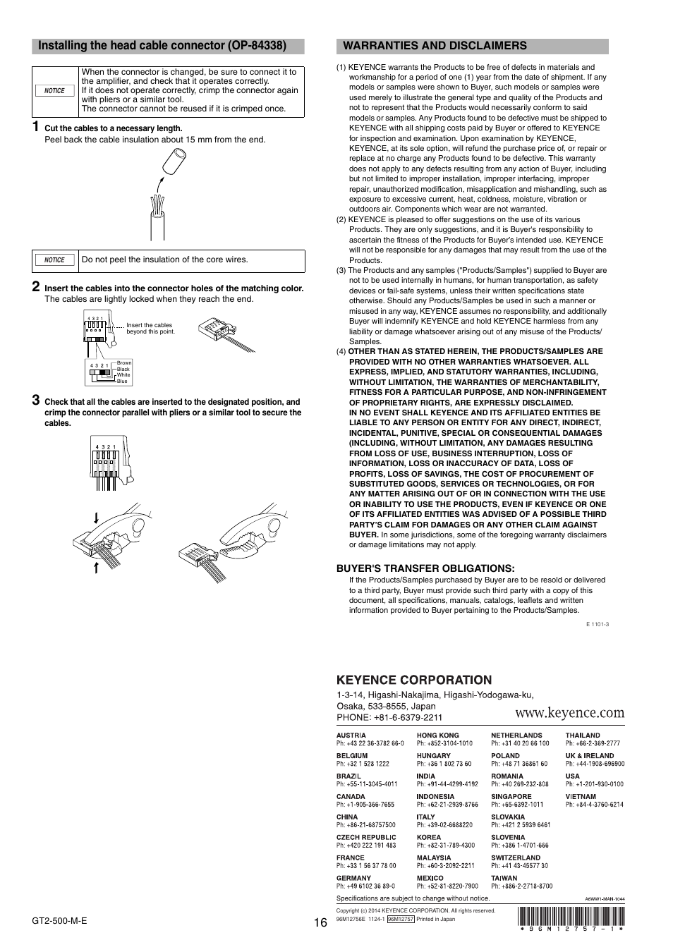 Installing the head cable connector (op-84338), Warranties and disclaimers | KEYENCE GT2-500 Series User Manual | Page 16 / 16