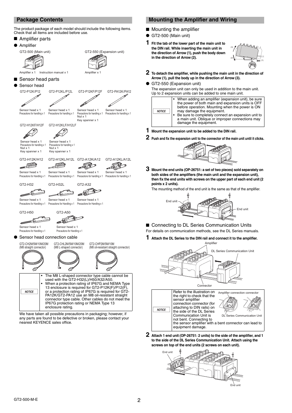 Package contents, Mounting the amplifier and wiring | KEYENCE GT2-500 Series User Manual | Page 2 / 16