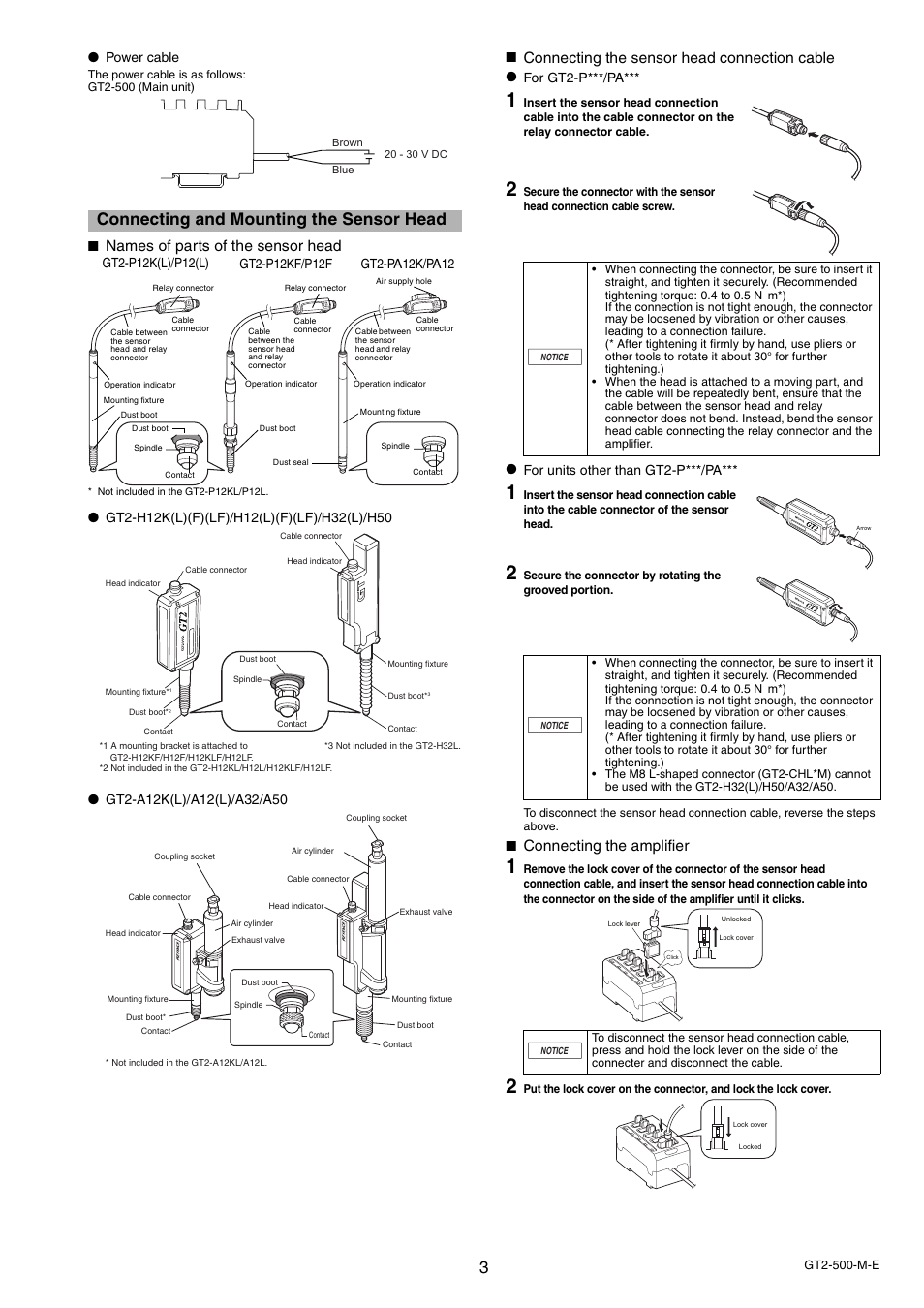 Connecting and mounting the sensor head, Names of parts of the sensor head, Connecting the sensor head connection cable | Connecting the amplifier, Power cable, For gt2-p***/pa, For units other than gt2-p***/pa | KEYENCE GT2-500 Series User Manual | Page 3 / 16