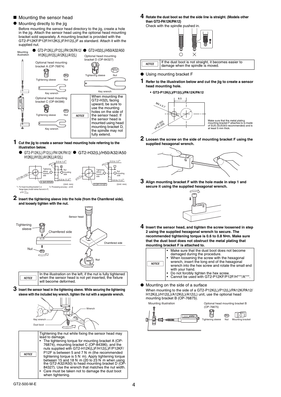 Mounting the sensor head, Mounting directly to the jig, Using mounting bracket f | Mounting on the side of a surface | KEYENCE GT2-500 Series User Manual | Page 4 / 16