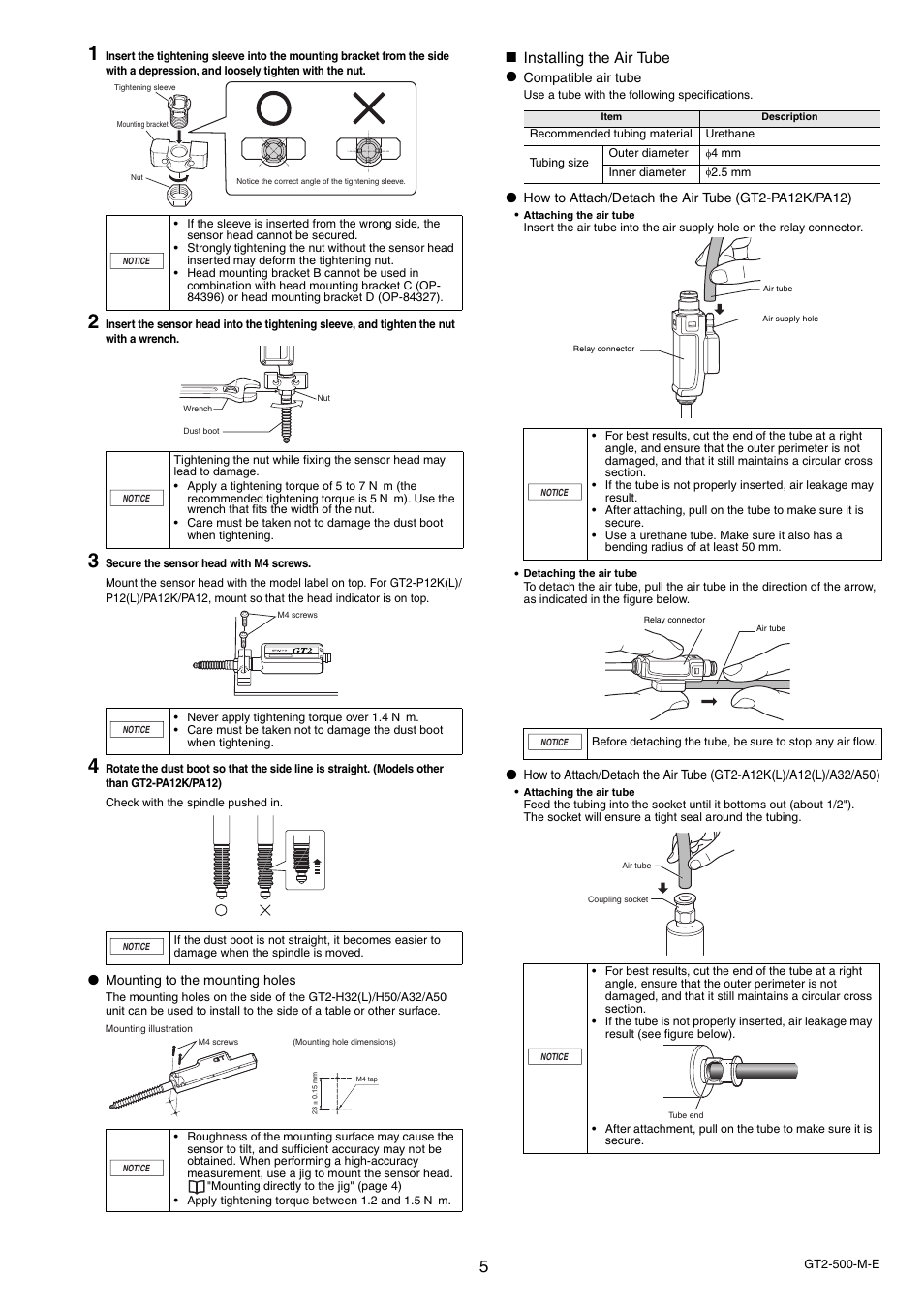 Installing the air tube | KEYENCE GT2-500 Series User Manual | Page 5 / 16