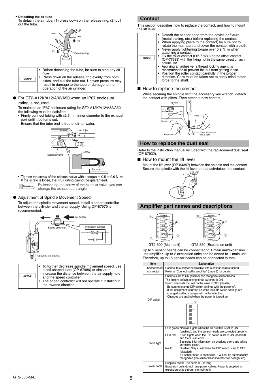 Contact, How to replace the dust seal, Amplifier part names and descriptions | How to replace the contact, How to mount the lift lever | KEYENCE GT2-500 Series User Manual | Page 6 / 16