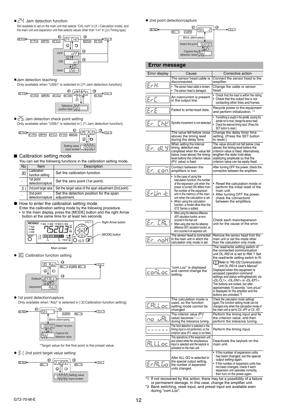 Error message, Calibration setting mode | KEYENCE GT2-70 Series User Manual | Page 12 / 16