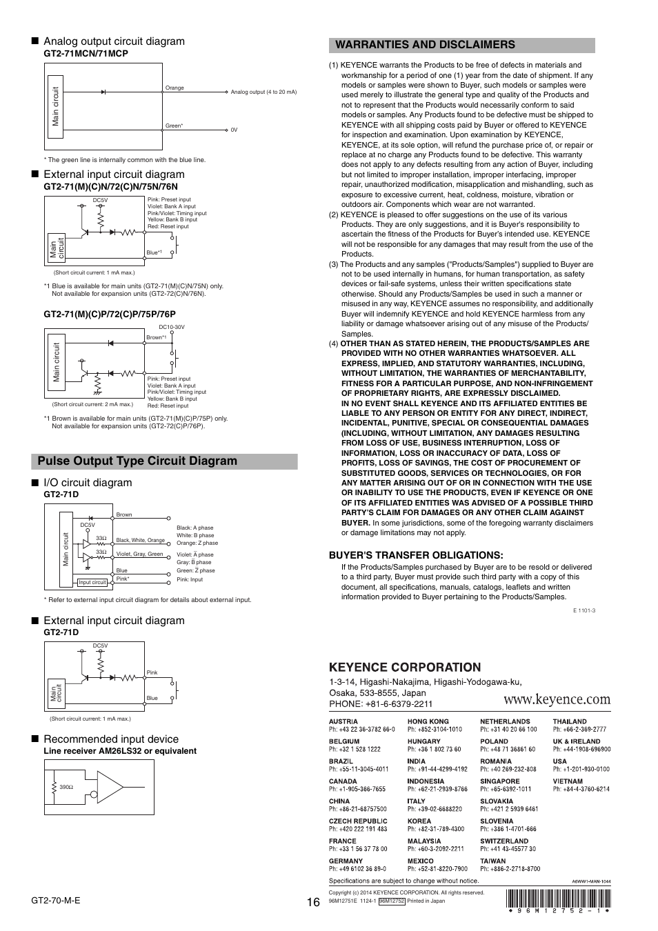 Pulse output type circuit diagram, Warranties and disclaimers, Analog output circuit diagram | External input circuit diagram, I/o circuit diagram, Recommended input device, Buyer's transfer obligations | KEYENCE GT2-70 Series User Manual | Page 16 / 16