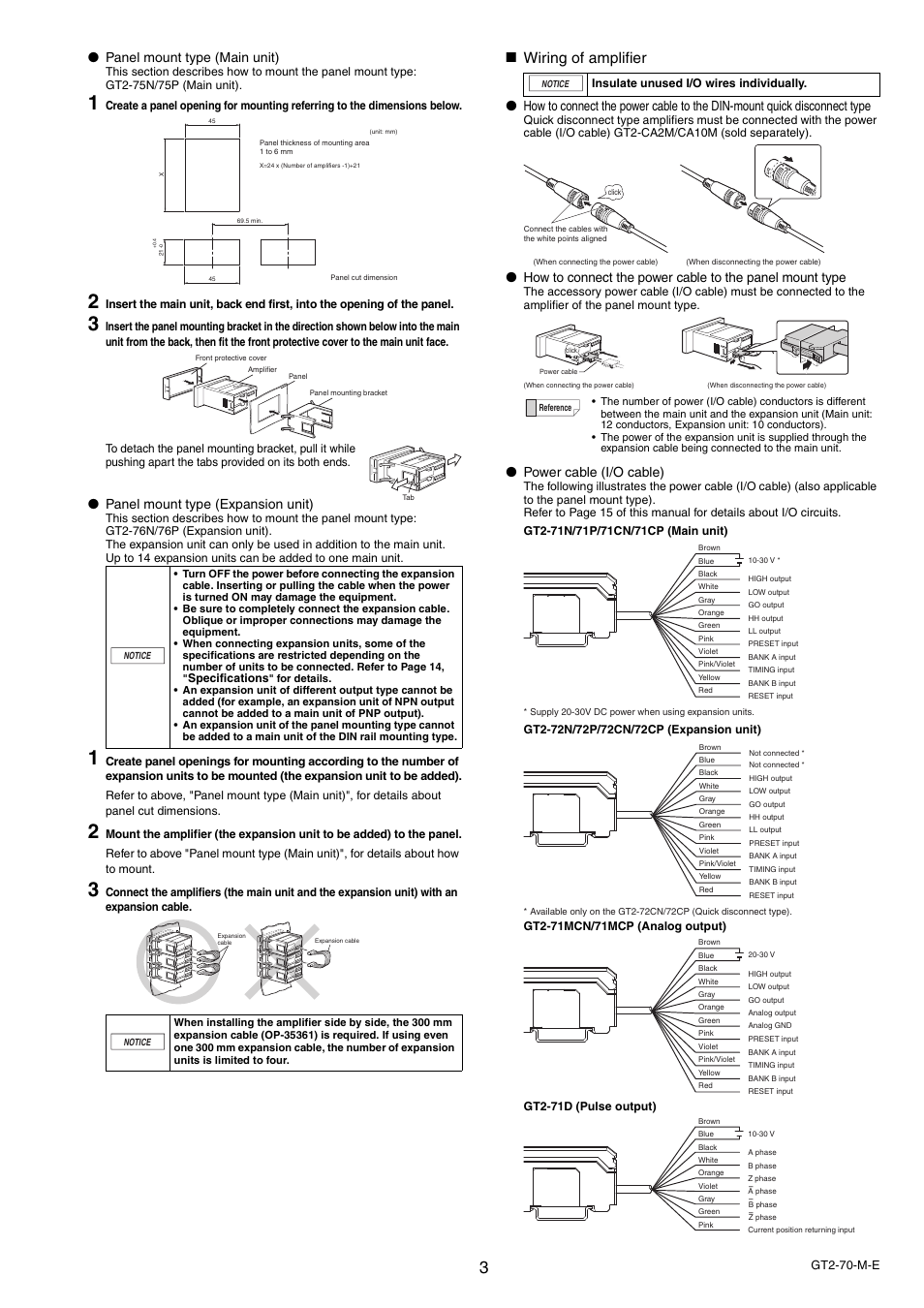 Wiring of amplifier, Panel mount type (main unit), Panel mount type (expansion unit) | Power cable (i/o cable) | KEYENCE GT2-70 Series User Manual | Page 3 / 16