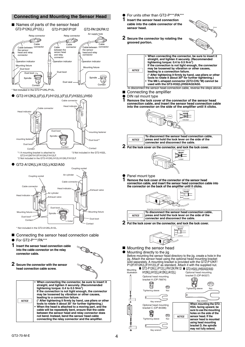 Connecting and mounting the sensor head, Names of parts of the sensor head, Connecting the sensor head connection cable | Connecting the amplifier, Mounting the sensor head, For gt2-p***/pa, For units other than gt2-p***/pa, Din rail mount type, Panel mount type, Mounting directly to the jig | KEYENCE GT2-70 Series User Manual | Page 4 / 16