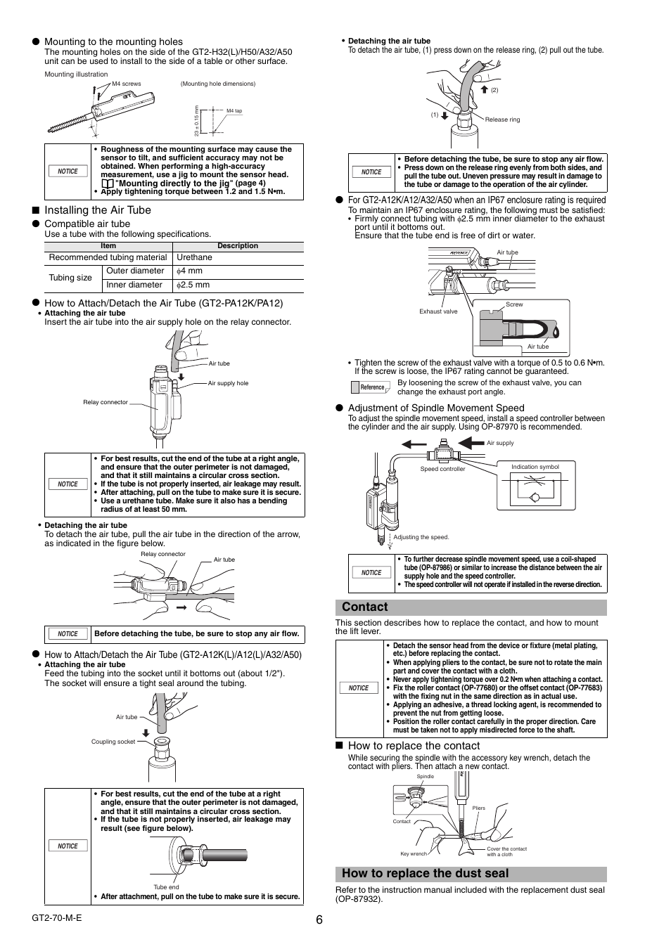Contact, How to replace the dust seal, Installing the air tube | How to replace the contact | KEYENCE GT2-70 Series User Manual | Page 6 / 16