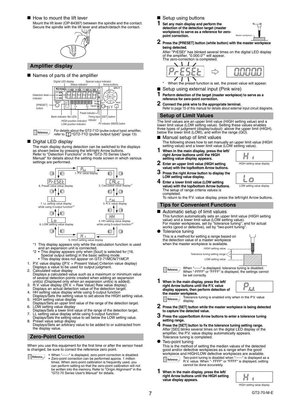 Amplifier display, Zero-point correction, Setup of limit values | Tips for convenient functions | KEYENCE GT2-70 Series User Manual | Page 7 / 16
