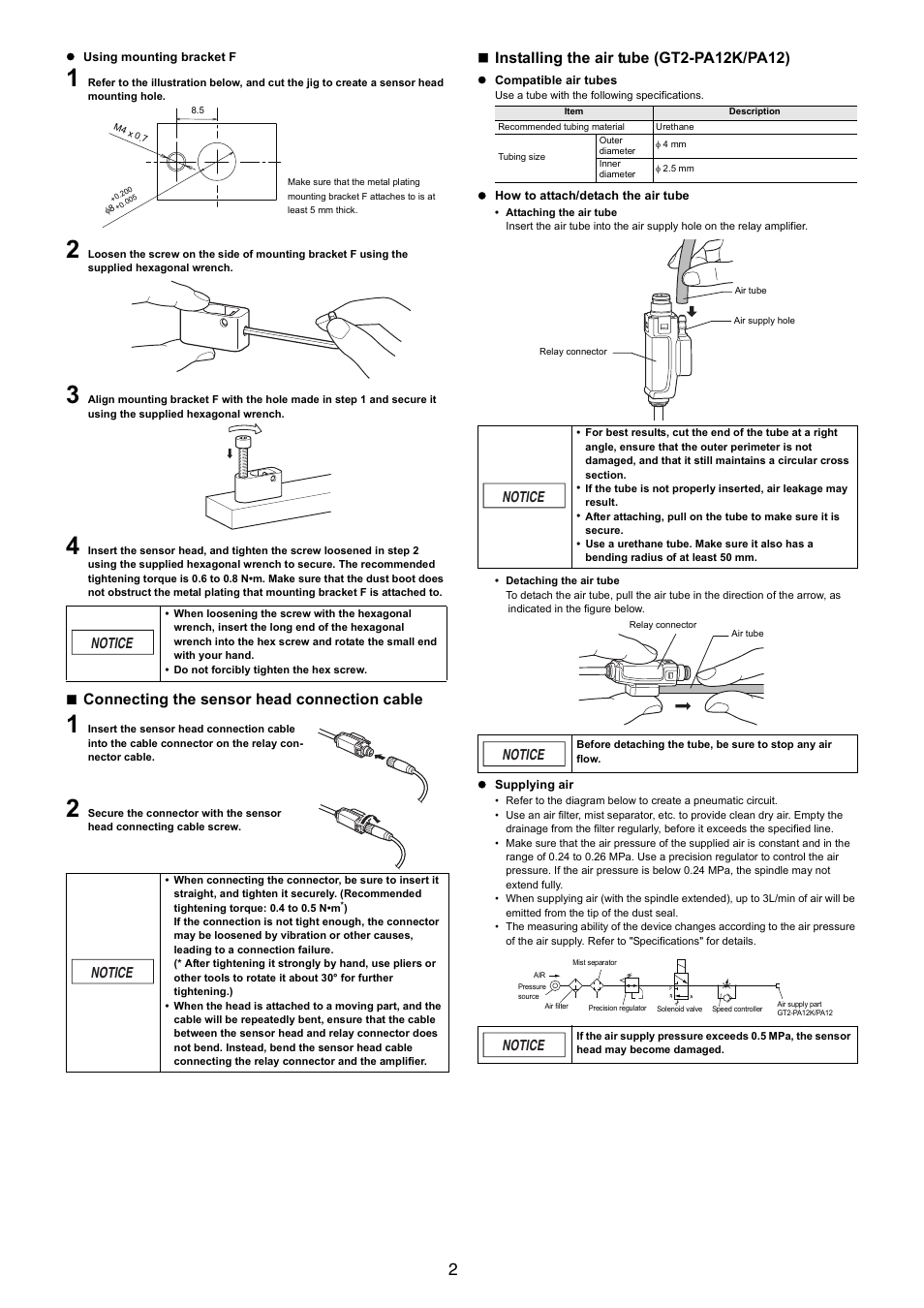 Using mounting bracket f, Connecting the sensor head connection cable, Installing the air tube (gt2-pa12k/pa12) | Compatible air tubes, How to attach/detach the air tube, Supplying air, Notice | KEYENCE GT2-PA12K/PA12 User Manual | Page 2 / 4