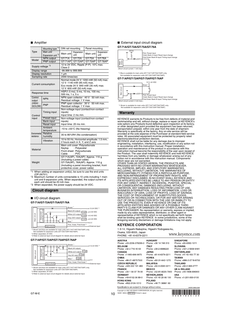 Amplifier, Circuit diagram, I/o circuit diagram | External input circuit diagram, Warranty | KEYENCE GT-70A Series User Manual | Page 10 / 10