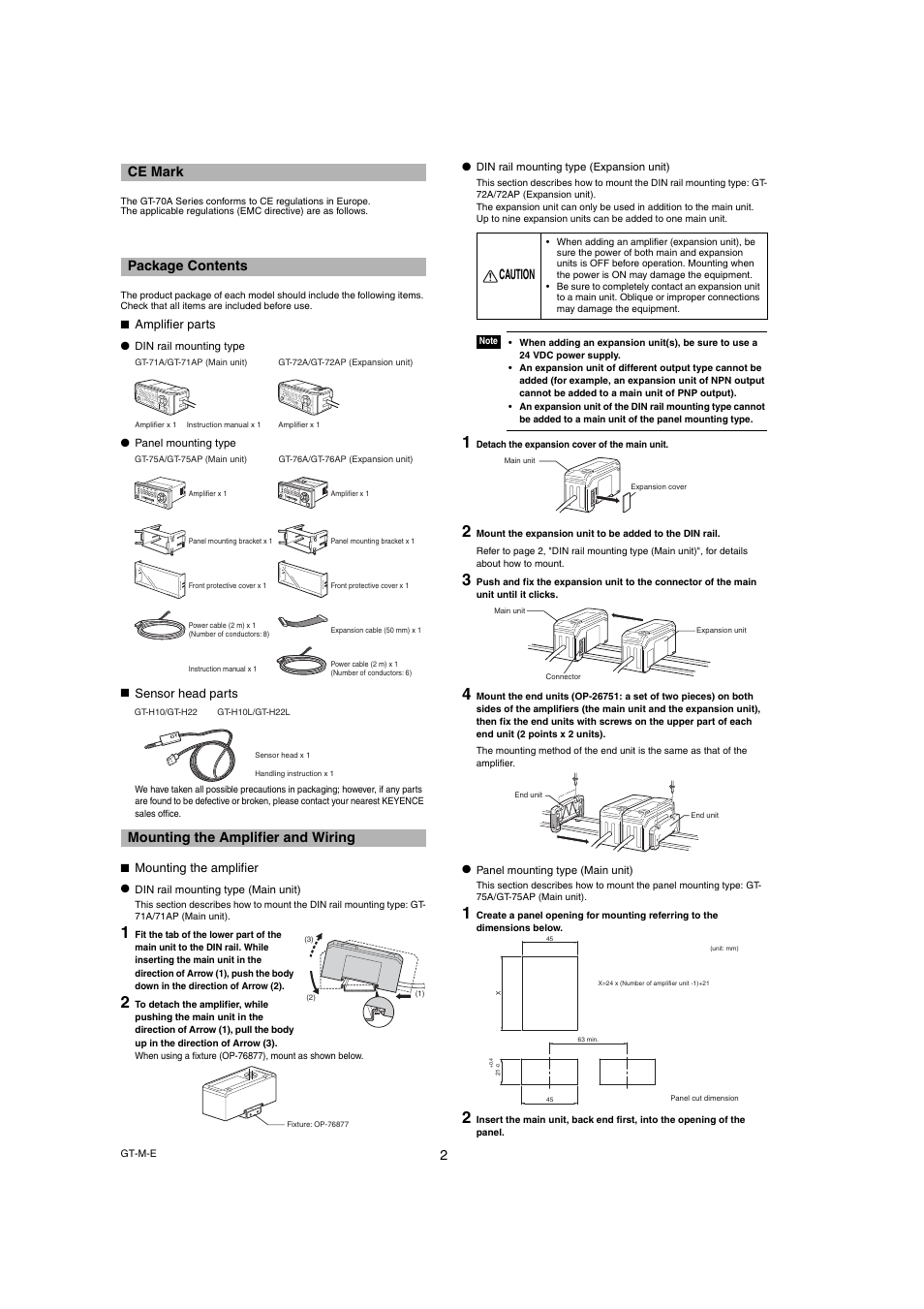 Ce mark, Package contents, Amplifier parts | Sensor head parts, Mounting the amplifier and wiring, Mounting the amplifier | KEYENCE GT-70A Series User Manual | Page 2 / 10