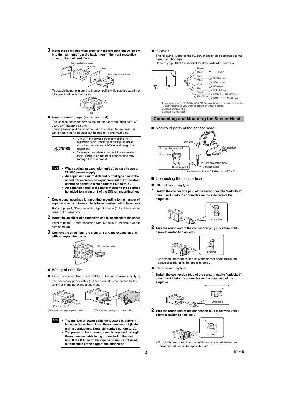 Wiring of amplifier, Connecting and mounting the sensor head, Names of parts of the sensor head | Connecting the sensor head, Caution | KEYENCE GT-70A Series User Manual | Page 3 / 10