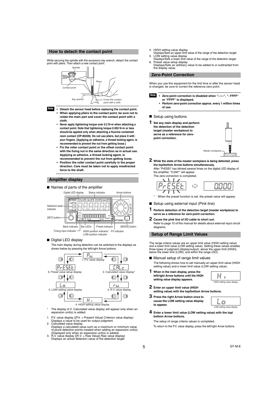 How to detach the contact point, Amplifier display, Names of parts of the amplifier | Digital led display, Zero-point correction, Setup using buttons, Setup using external input (pink line), Setup of range limit values, Manual setup of range limit values | KEYENCE GT-70A Series User Manual | Page 5 / 10