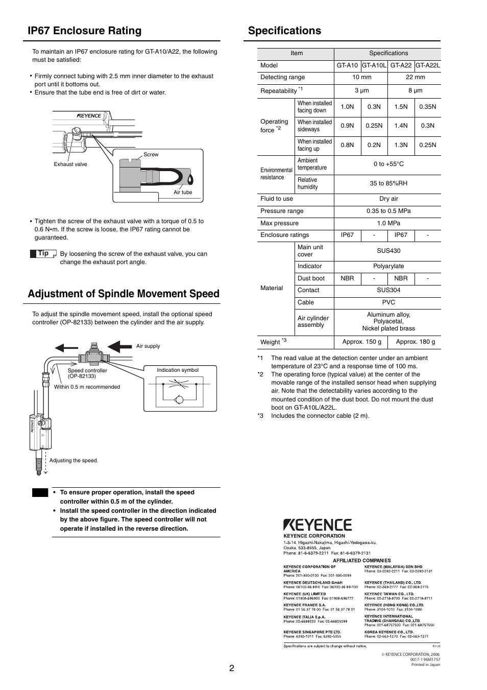 Ip67 enclosure rating, Adjustment of spindle movement speed, Specifications | KEYENCE GT-A22L User Manual | Page 2 / 2