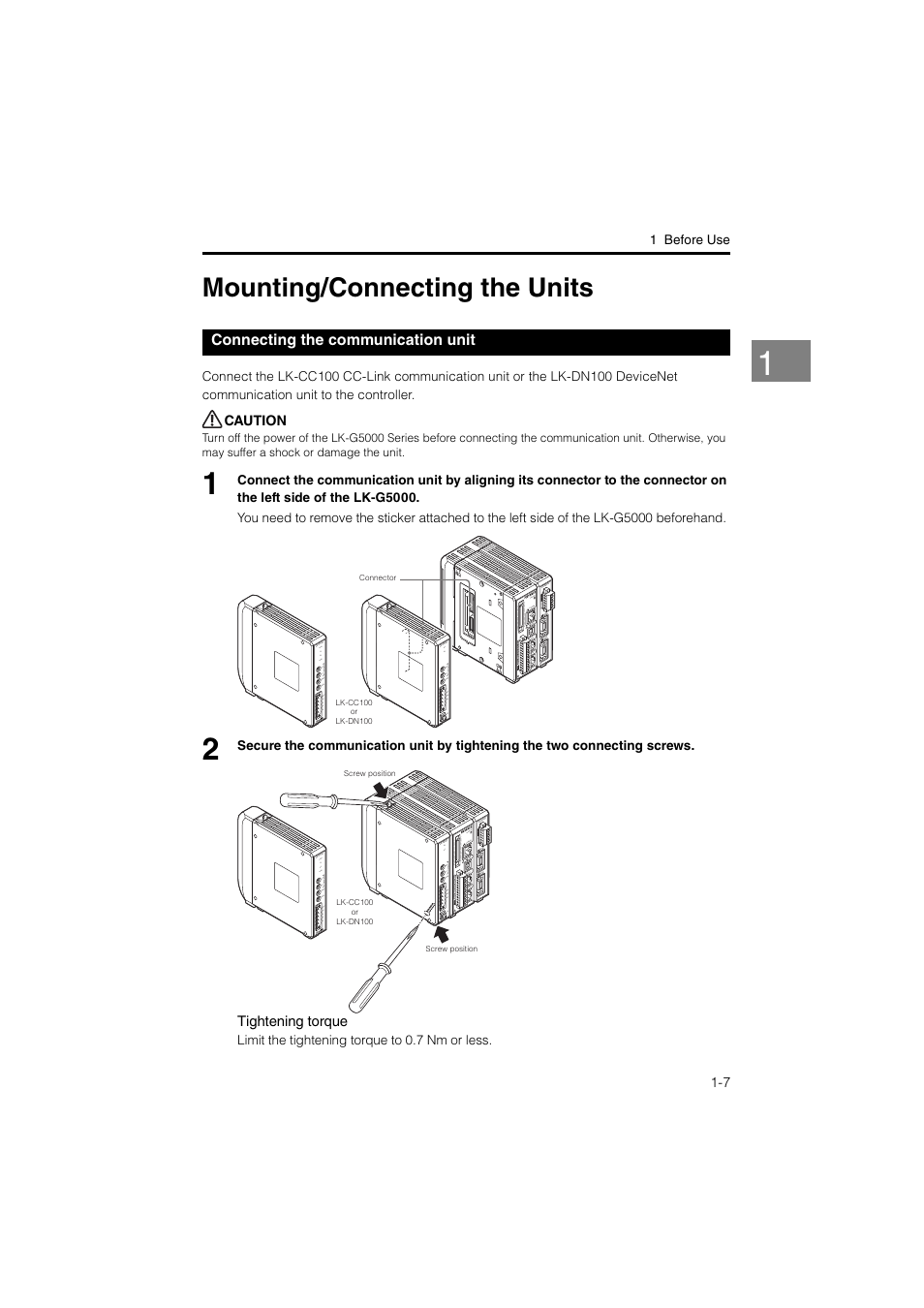 Mounting/connecting the units, Connecting the communication unit, Mounting/connecting the units -7 | Connecting the communication unit -7 | KEYENCE LK-CC100/DN100 User Manual | Page 13 / 72