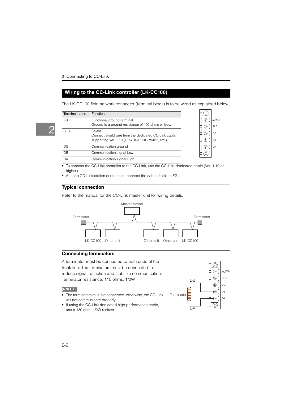 Wiring to the cc-link controller (lk-cc100), Wiring to the cc-link controller, Lk-cc100) -6 | KEYENCE LK-CC100/DN100 User Manual | Page 20 / 72
