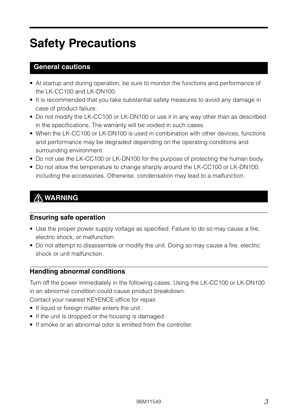 Safety precautions, General cautions, Warning | KEYENCE LK-CC100/DN100 User Manual | Page 3 / 72