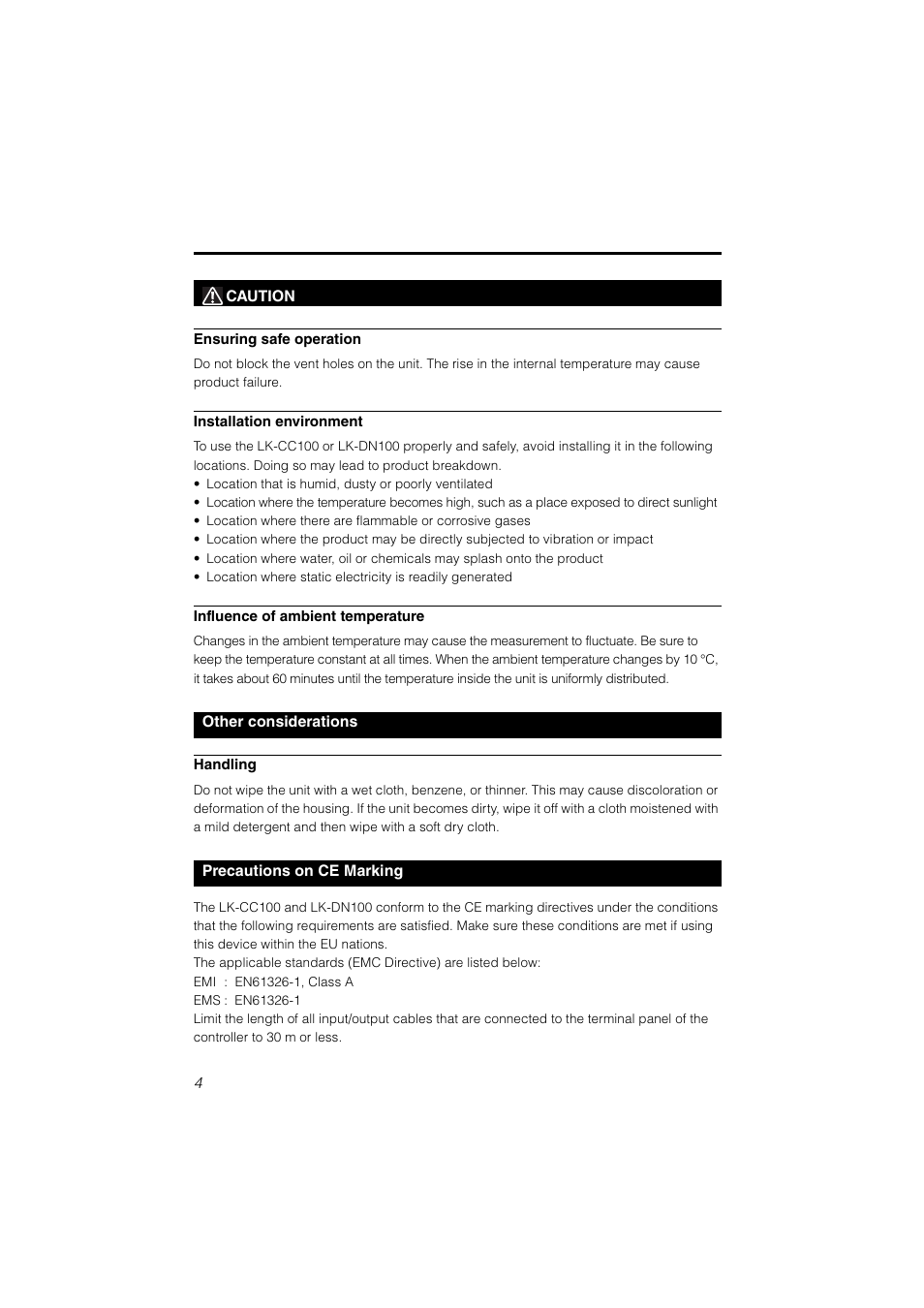 Caution, Other considerations, Precautions on ce marking | KEYENCE LK-CC100/DN100 User Manual | Page 4 / 72